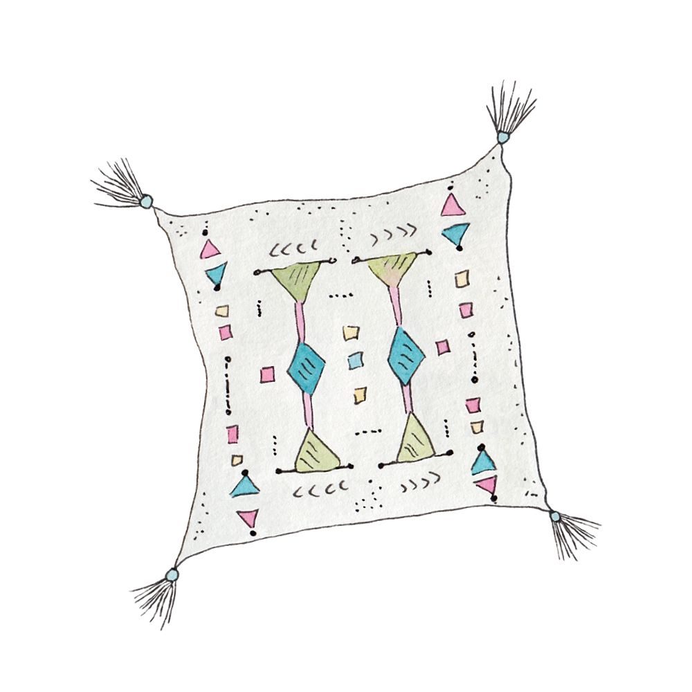 Home Decor Illustration - Ruba Saqr Art & Illustration | Kilim pillow illustration, pen and ink illustration, watercolour and ink illustration, pattern pillow illustration