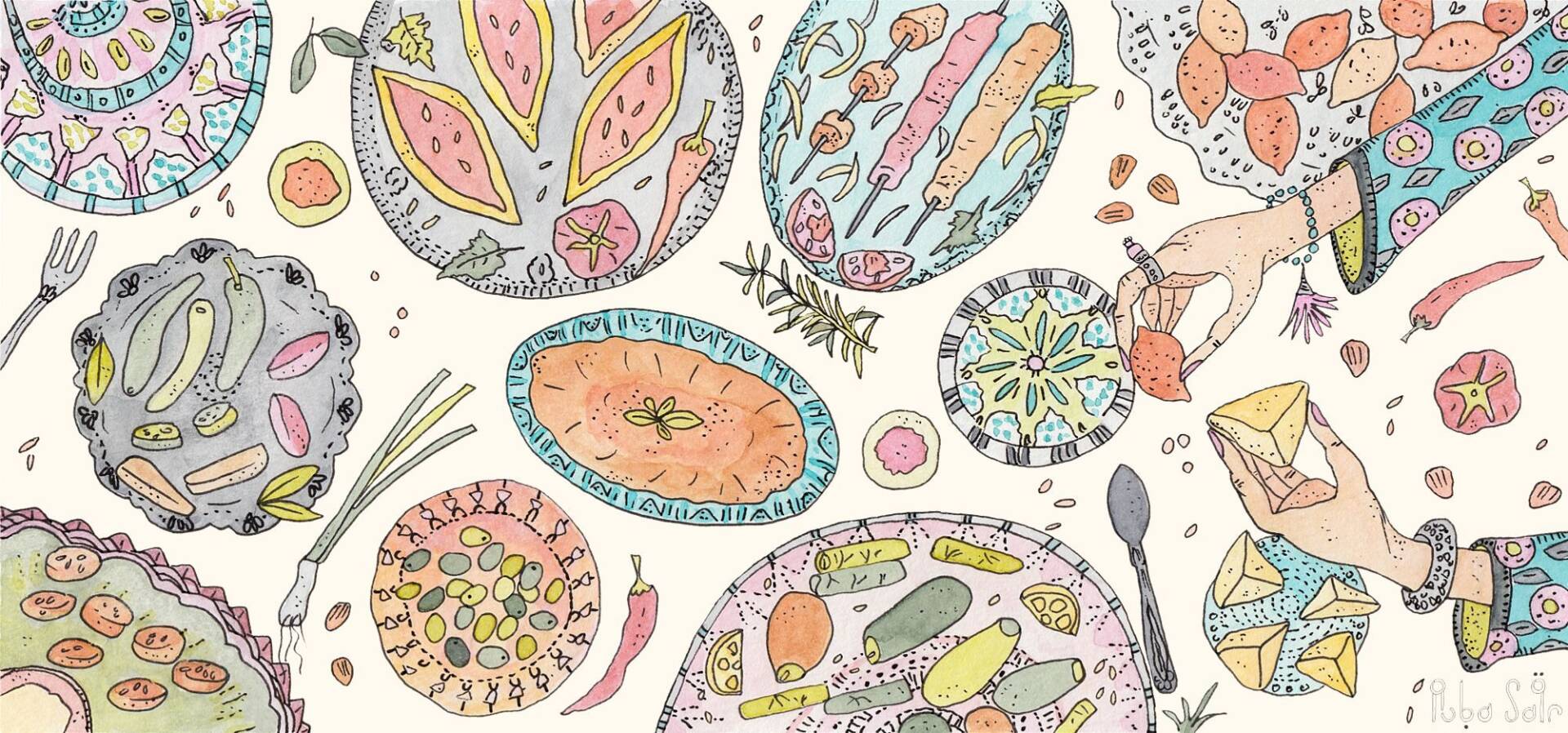 Middle Eastern Food Illustration Header - Ruba Saqr Art & Illustration |Levantine food, Middle Eastern Food, Kebab illustration, Turkish Pide illustration, Kibbeh illustration, pen and ink illustration, watercolour and ink illustration